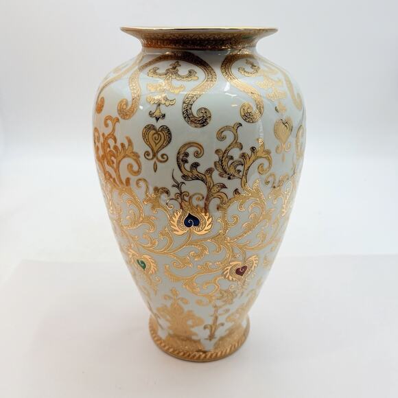 Unbranded Other - Arabesque White with Enameled Gold Flowers & Scrolls Ceramic Vase 14.5" Tall